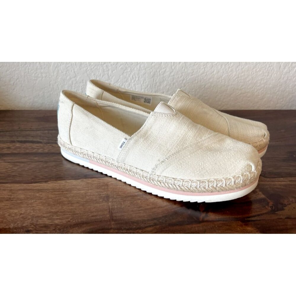 Toms Shoes Womens 9.5 Alpargata Slip On Beige Linen Platform Espadrille Rope Tan - Picture 2 of 6
